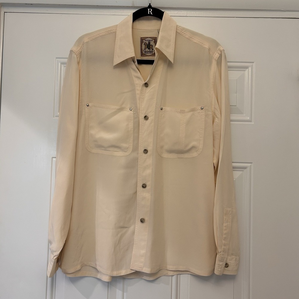Kriss Kross 100% Silk Shirt Small Button Down Pocket Collared Top Ivory Oversize